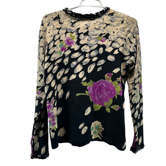 Chico's Black Silk Blend Sequin Floral Button Up Cardigan Sweater Artsy 1 Med - Picture 2 of 10